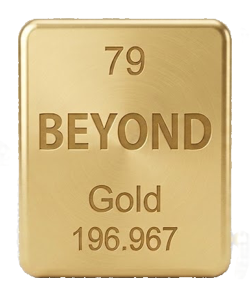 A gold bar cast as the periodic-table entry for gold: atomic number 79, the word BEYOND, and the atomic weight 196.967.